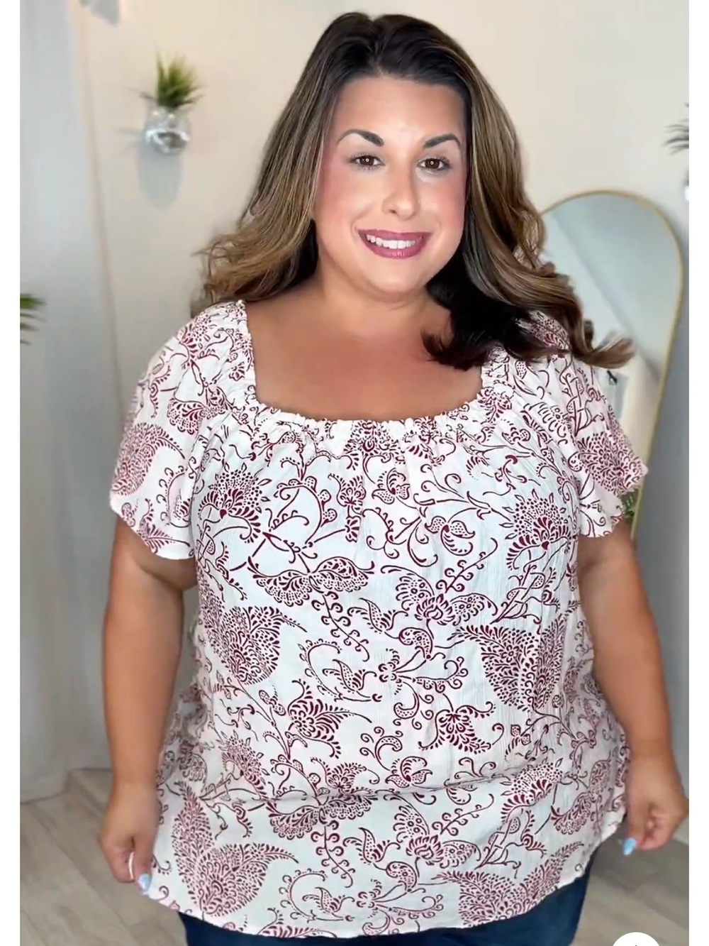 Plus Size Square Neck Paisley Floral Print Top in Cream and Burgundy